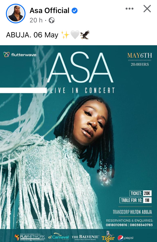 Asa has revealed the date for her upcoming concert