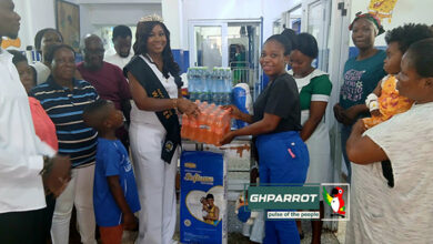Face of Narh-Bita 2025, Queen Leticia Esinam Ankorah, educating women during the breast cancer screening exercise at Adjetey Ansah CHPS Compound, Tema Manhean, Tema Genral Hospital